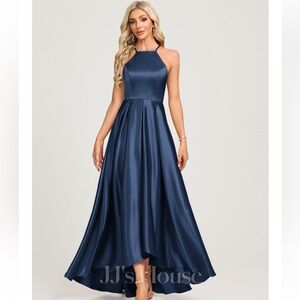 JJ’s House A-line high neck Asymmetrical Satin Navy Blue l Dress Size 10 NWT
